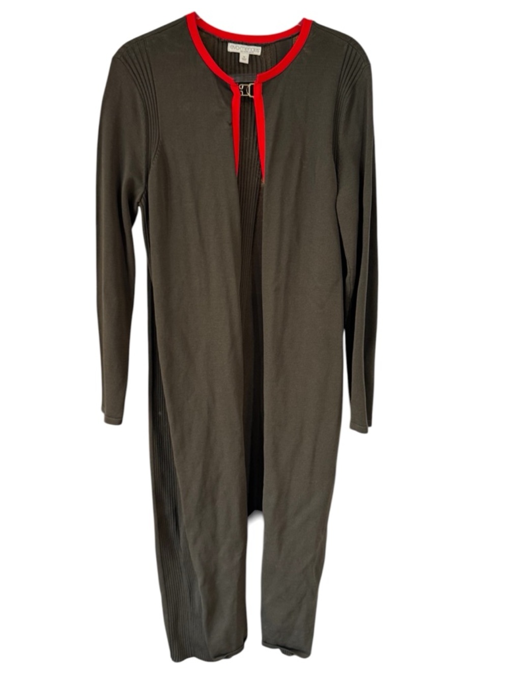 🔺🫒 eva mendes for New York & Company Olive Green Long Cardigan with Red Trim 🫒🔺
